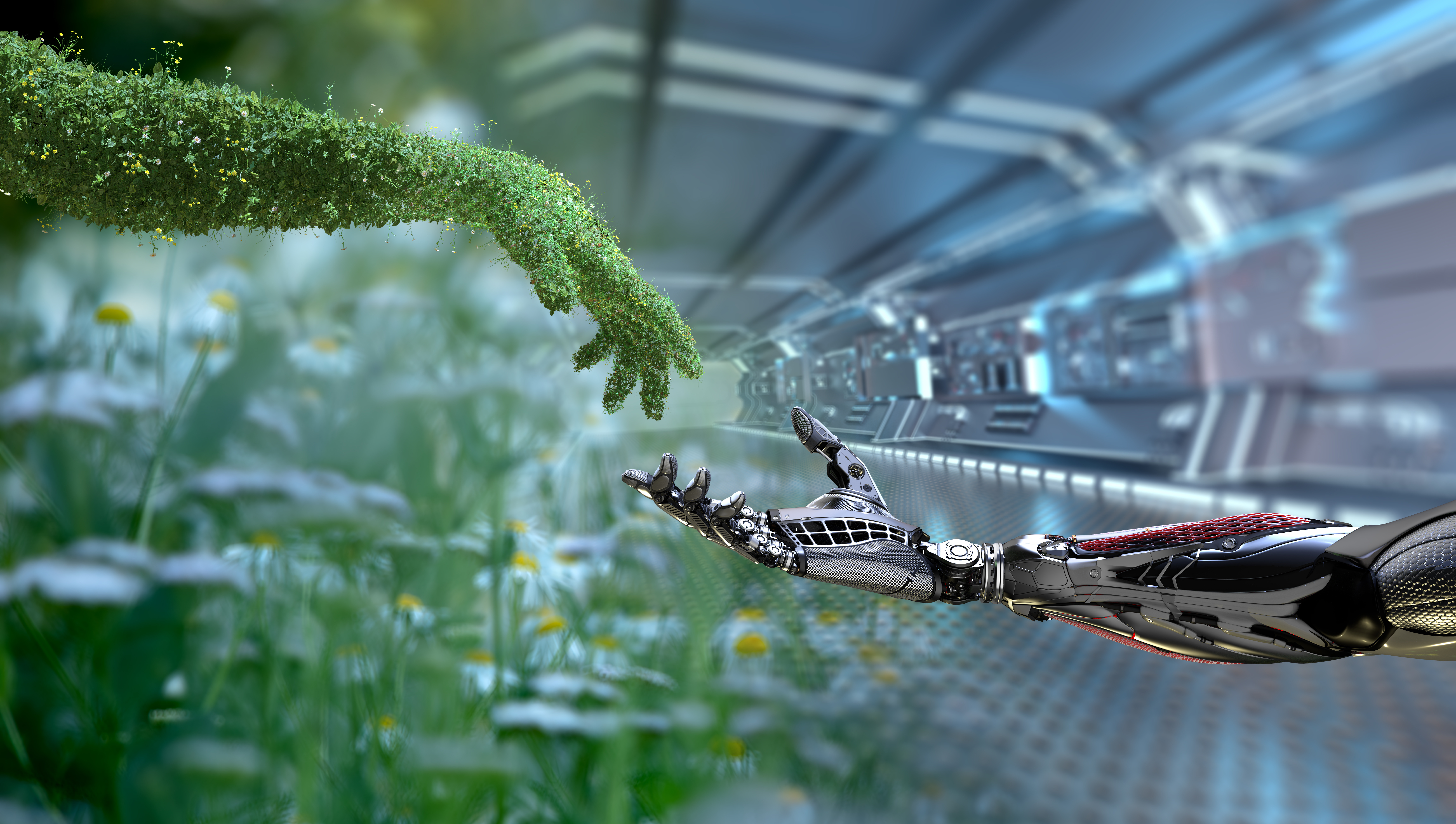 Green technology conceptual design, human arm covered with grass and lush and robotic hand, 3d render