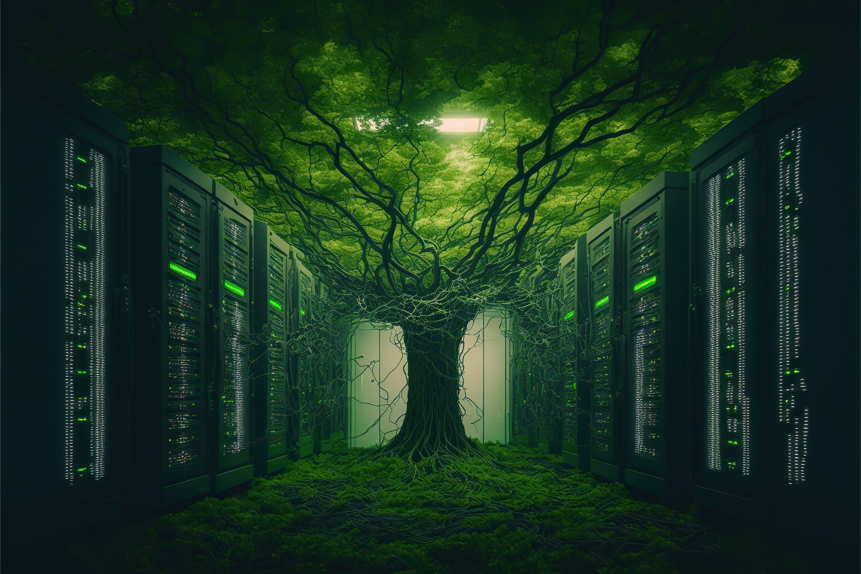 Server room full of grass and trees, created with Generative AI technology